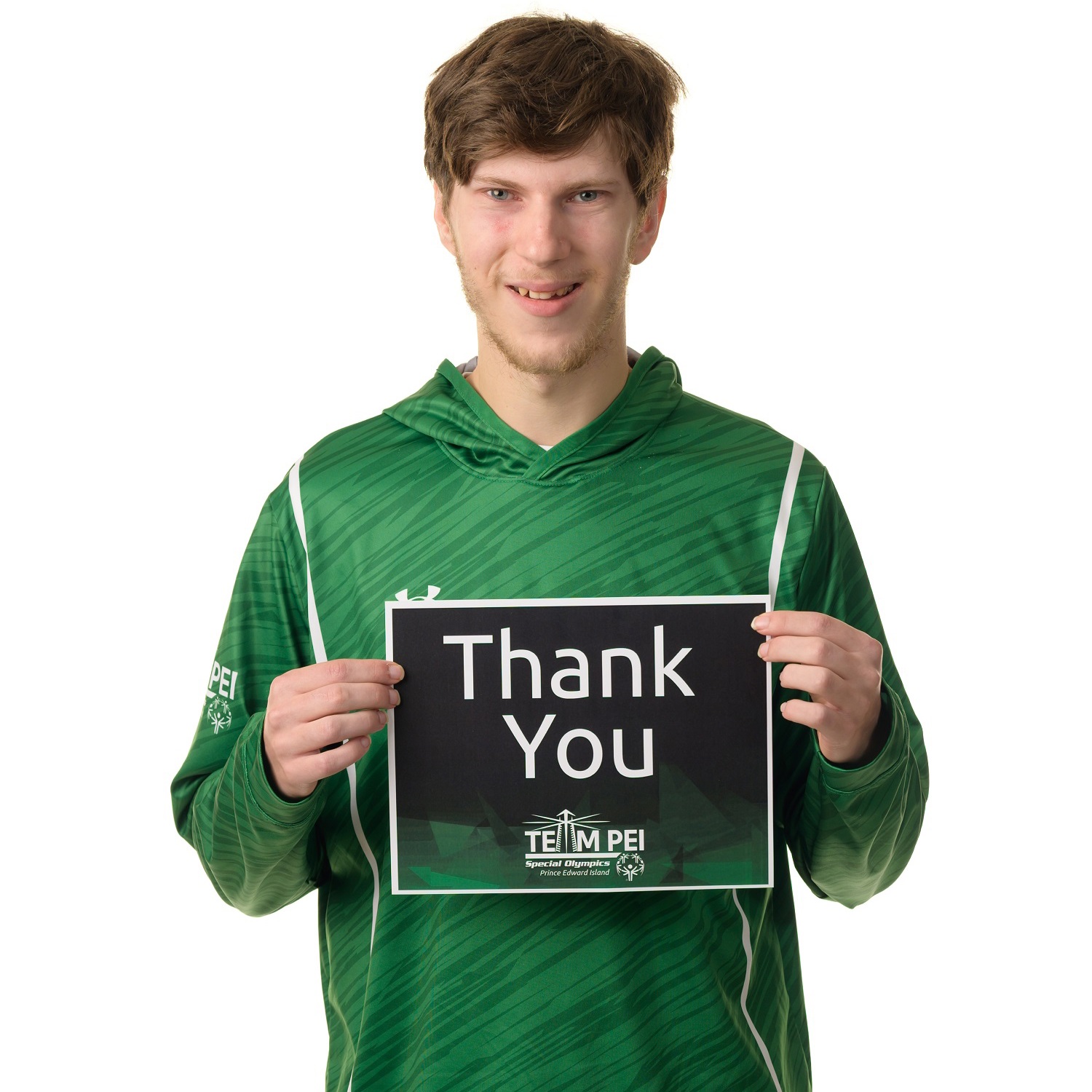 Team PEI 2026 Basketball athlete, Zachary Hebert, holding a thank you sign