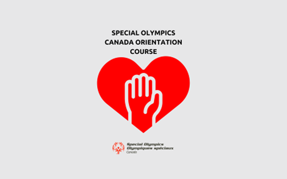 An infographic image that reads "Special Olympics Canada Orientation Course" in black text. Below it is a red heart icon with a hand inside of it. Below that is the Special Olympics Canada logo.