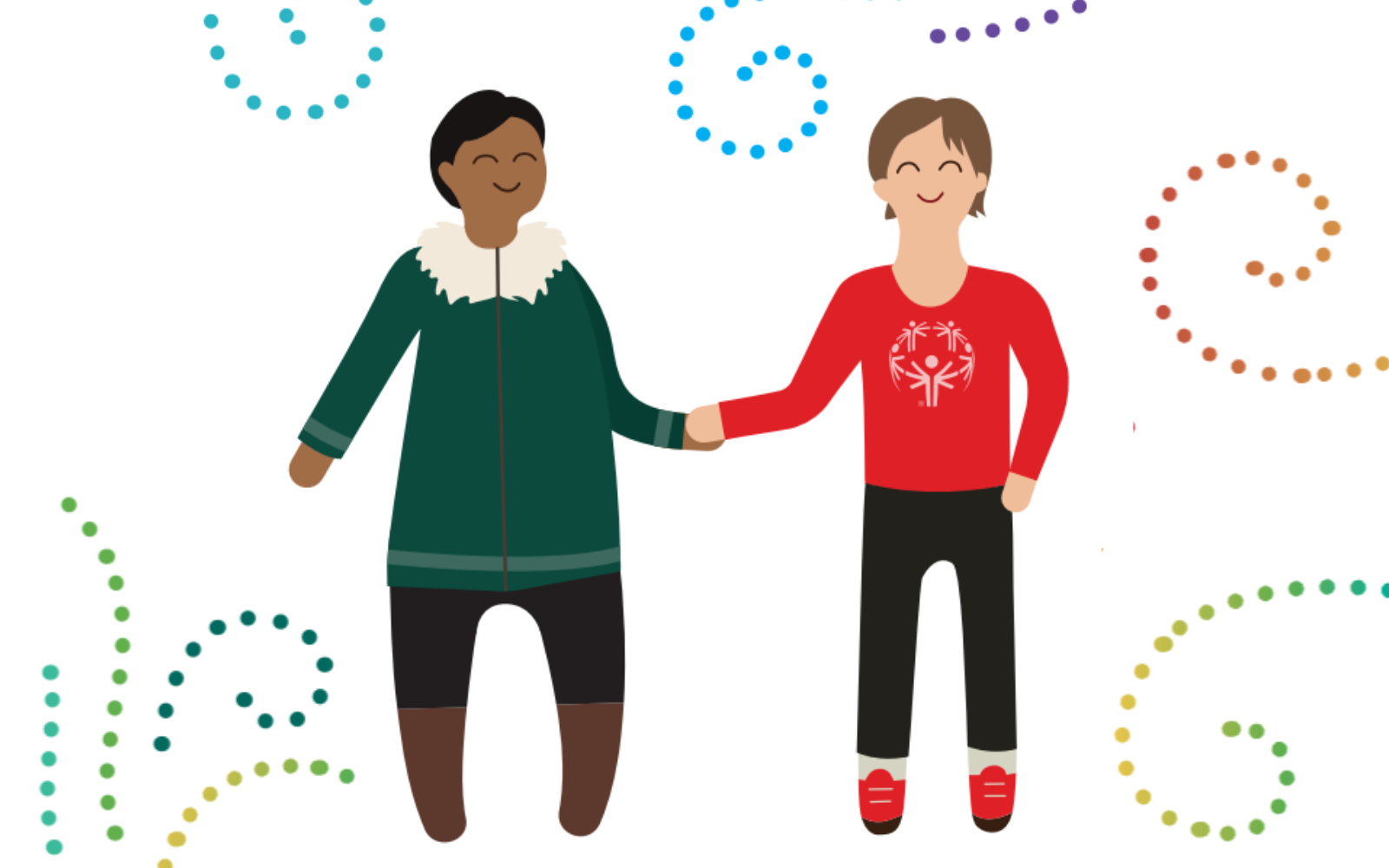 An illustration of a happy, indigenous boy holding the hand of a happy Special Olympics athlete.