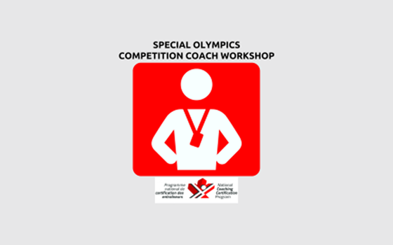 An infographic image that reads "Special Olympics Competition Coach Workshop" in black text. Below it is a white and red person icon with their hands on their waist and a lanyard around their neck. Below that is the NCCP logo.