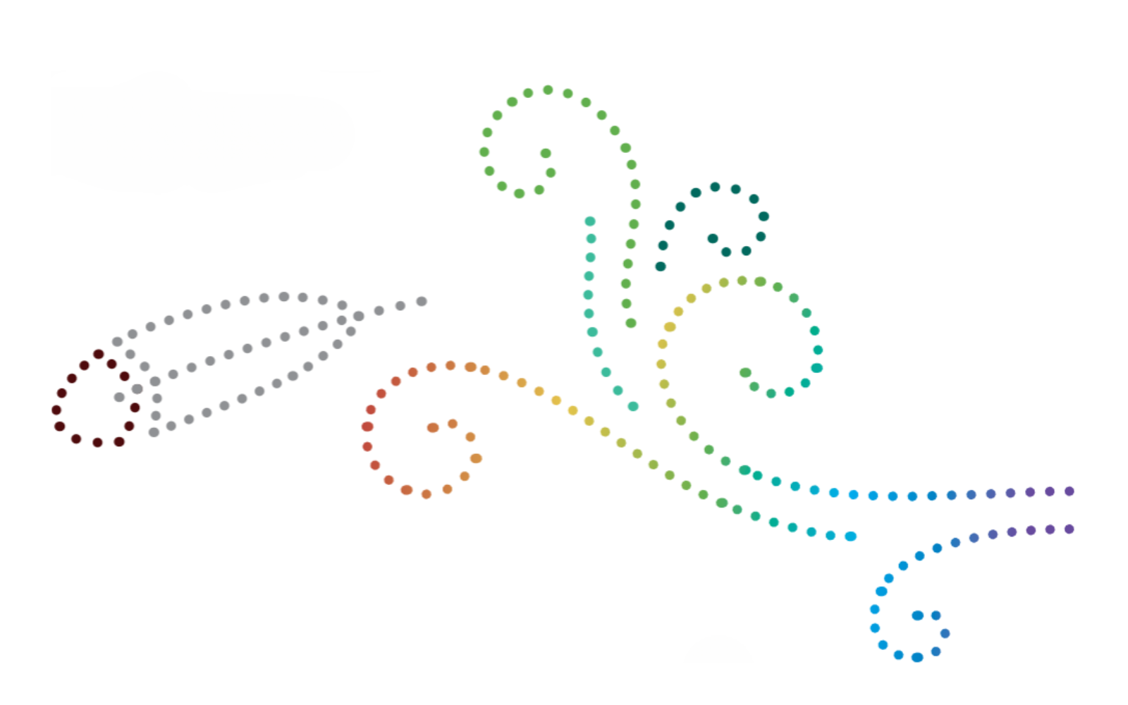 An abstract illustration of a feather blowing in the wind. The feather and the wind are drawn with little multicoloured dots that make up the shapes seen in the image.