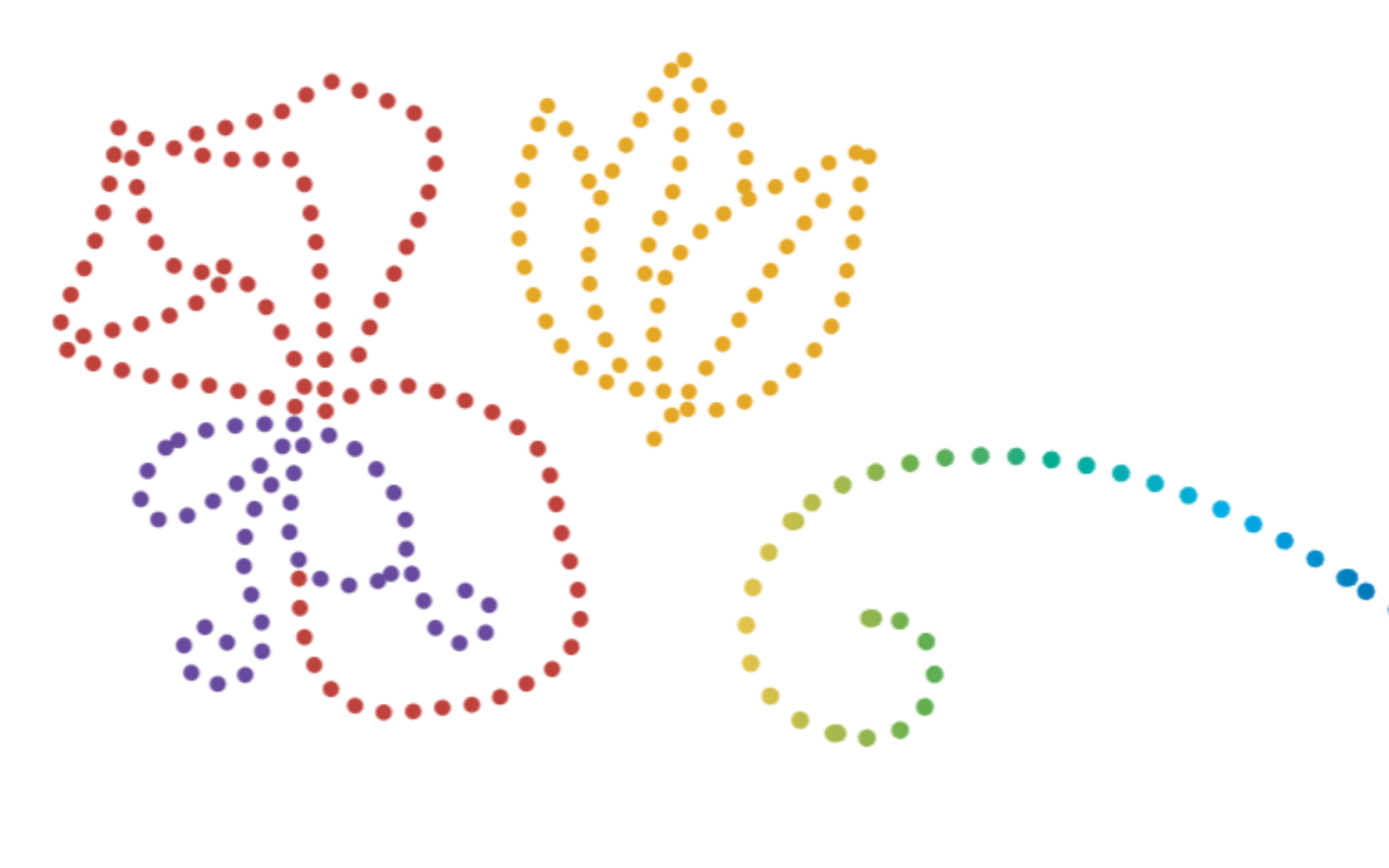 An abstract illustration of three objects beside each other. On the left is a little sack tied with a string. In the middle are three leaves clumped together. And on the right is a swirl. The sack with the string, the clump of leaves, and the swirl are all drawn with little multicoloured dots that make up the shapes seen in the image.