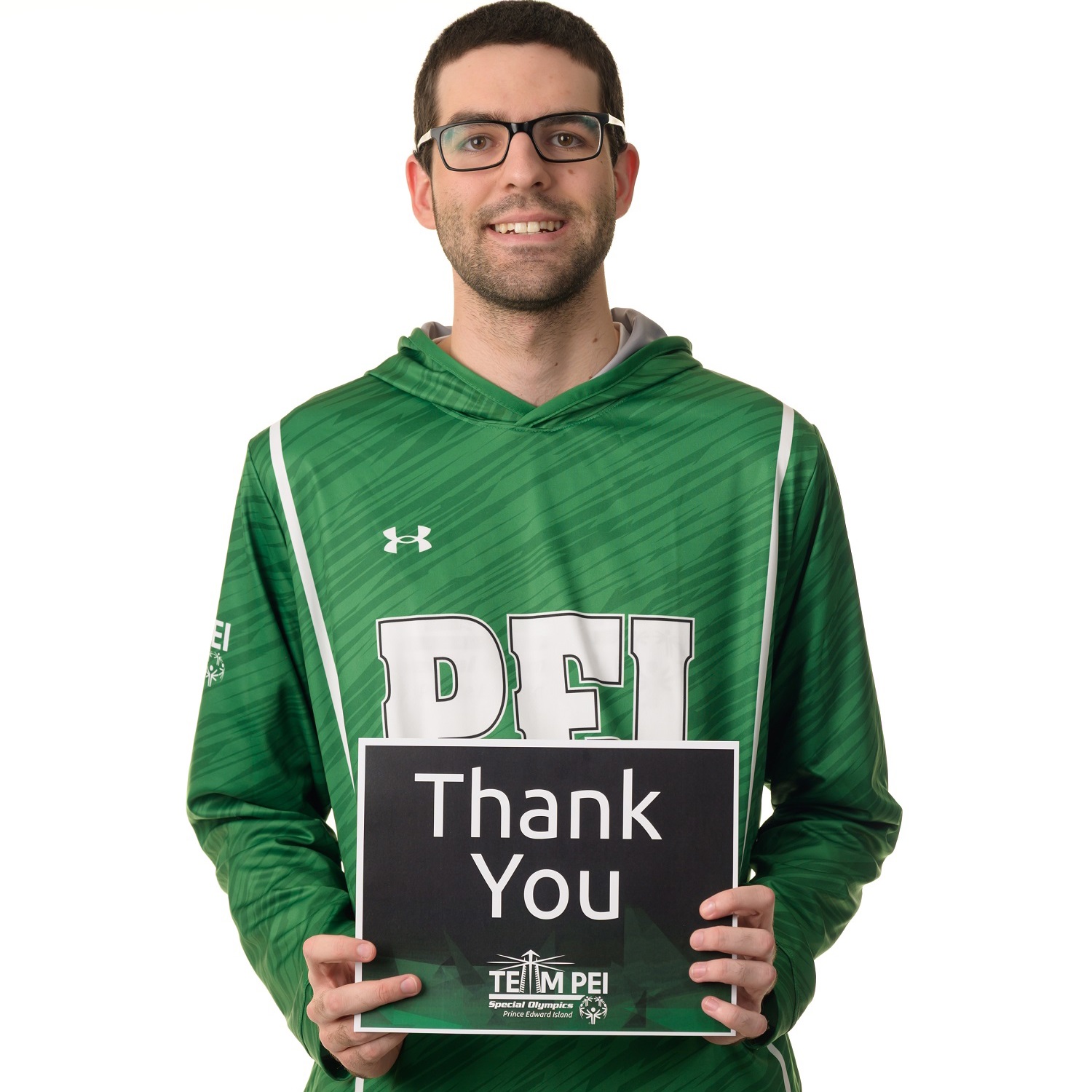 Team PEI 2026 Basketball athlete, Conner Arsenault, holding a thank you sign