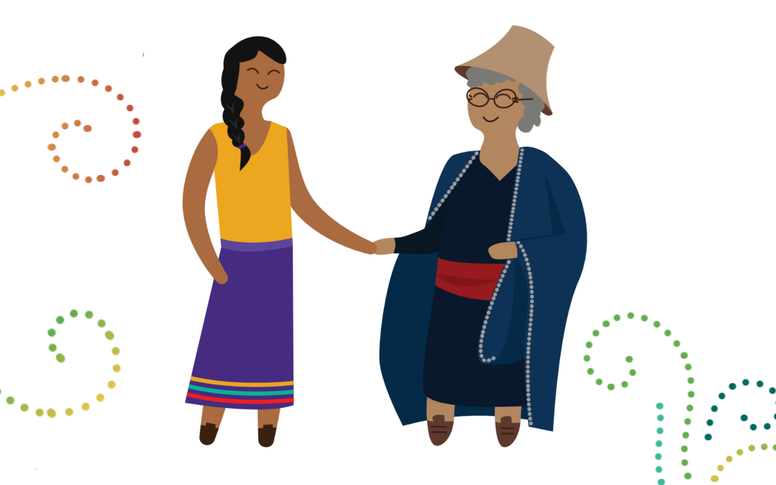 An illustration of a happy, young indigenous girl holding the hand of her also smiling elder.