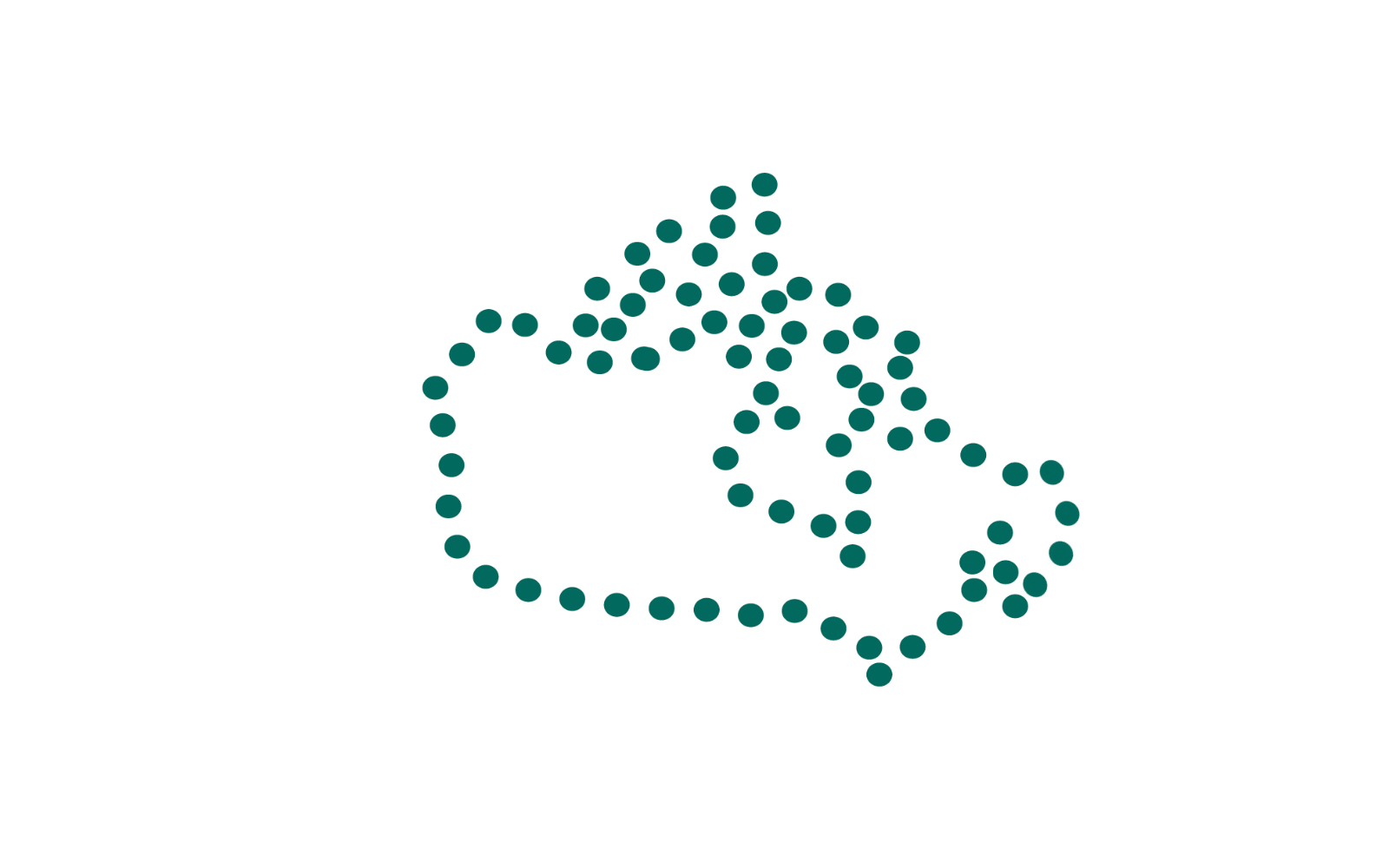 Une illustration abstraite de la carte du Canada. La carte du Canada est dessinée avec de petits points turquoise qui forment le contour du Canada visible dans l’image.