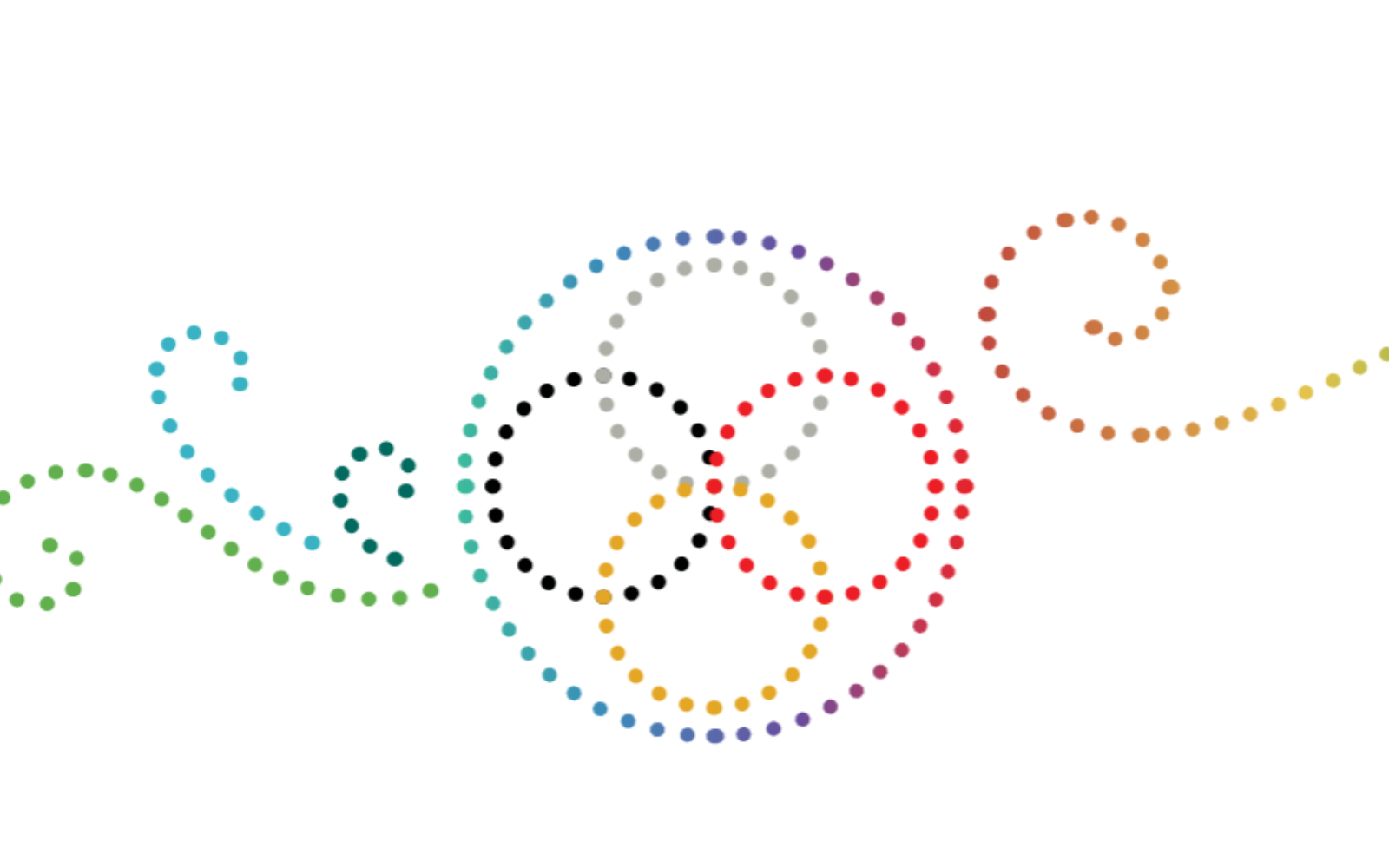 Une illustration abstraite de quatre cercles qui s’entrecroisent, à l’intérieur d’un cercle, et entourés de lignes tourbillonnantes. Cette image représente le « Modèle holistique ». Les cercles et les lignes tourbillonnantes sont dessinés avec de petits points multicolores qui forment les formes visibles dans l’image.