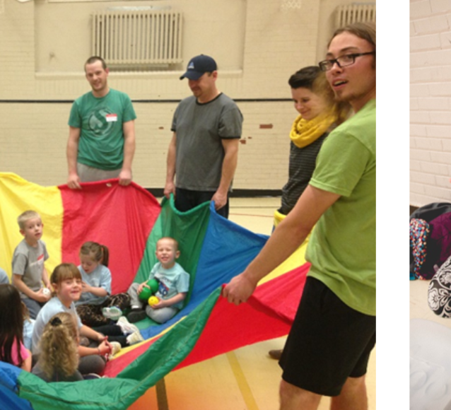A collage image of two separate photos. The photo on the left shows a colourful parachute with children sitting in it. The instructors around them are holding the parachute up and looking at the camera. The photo on the right shows a little girl holding a cupcake and posing with the instructor. They are both smiling for the camera.