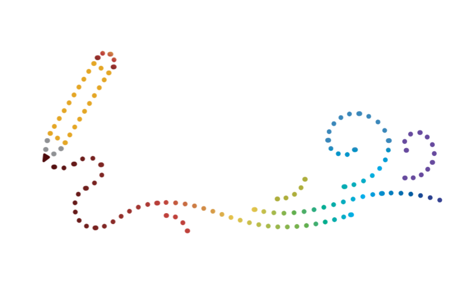Une illustration abstraite d’un crayon dessinant des lignes tourbillonnantes. Le crayon et les lignes tourbillonnantes sont dessinés avec de petits points multicolores qui forment les formes visibles dans l’image.