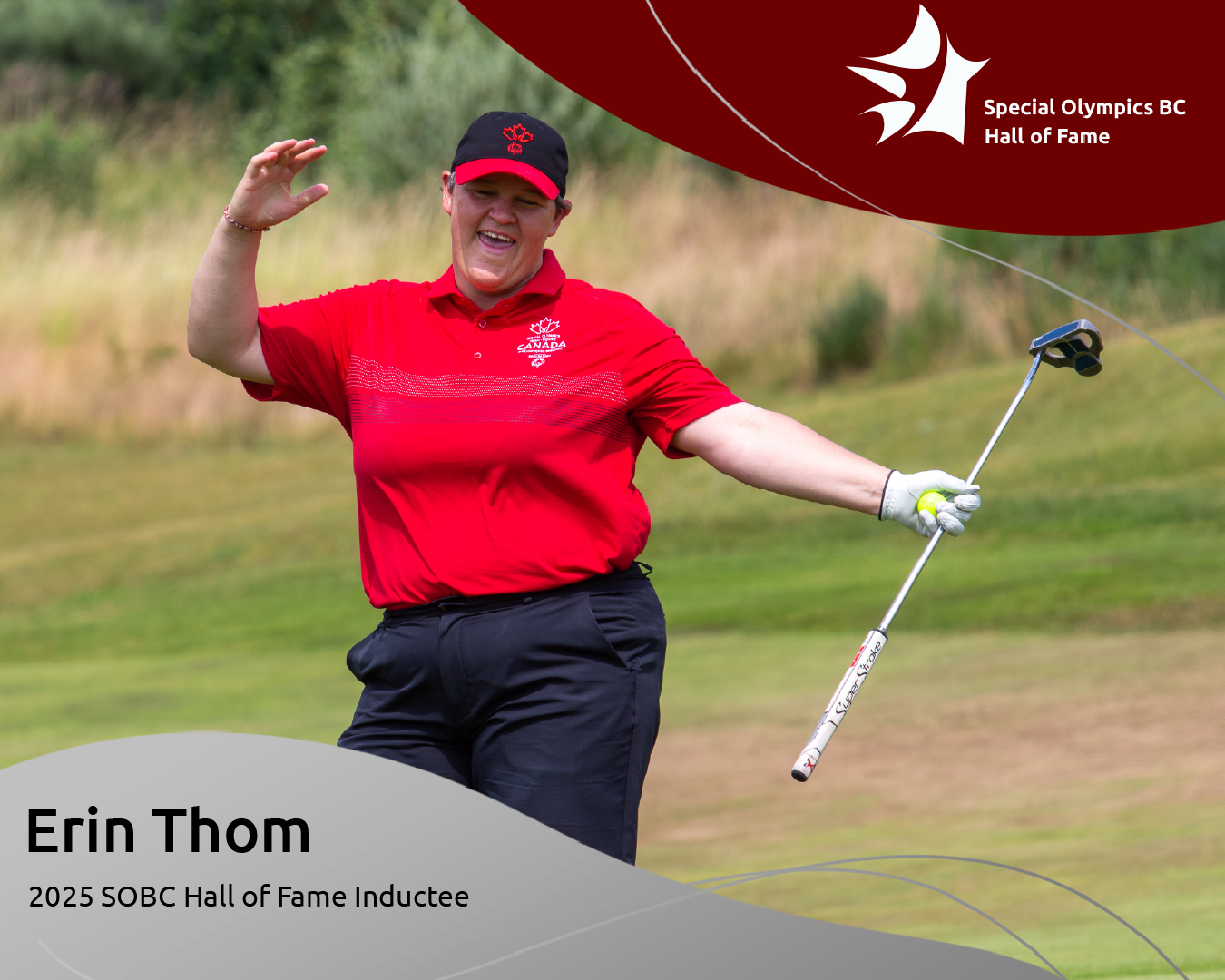 Image of athlete Erin Thom celebrating on the golf course