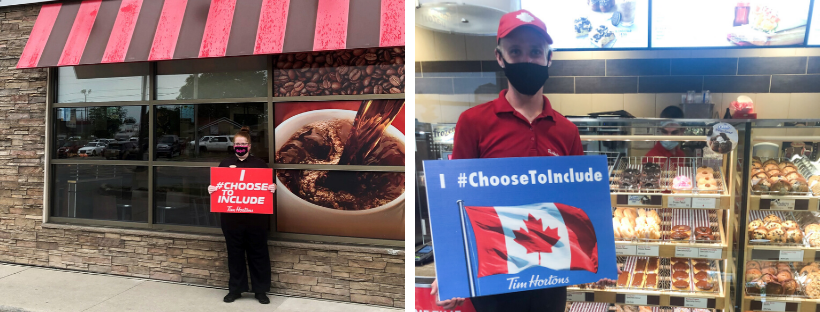"Tim Hortons employees hold up I #ChosoeToInclude" signs in restaurant.