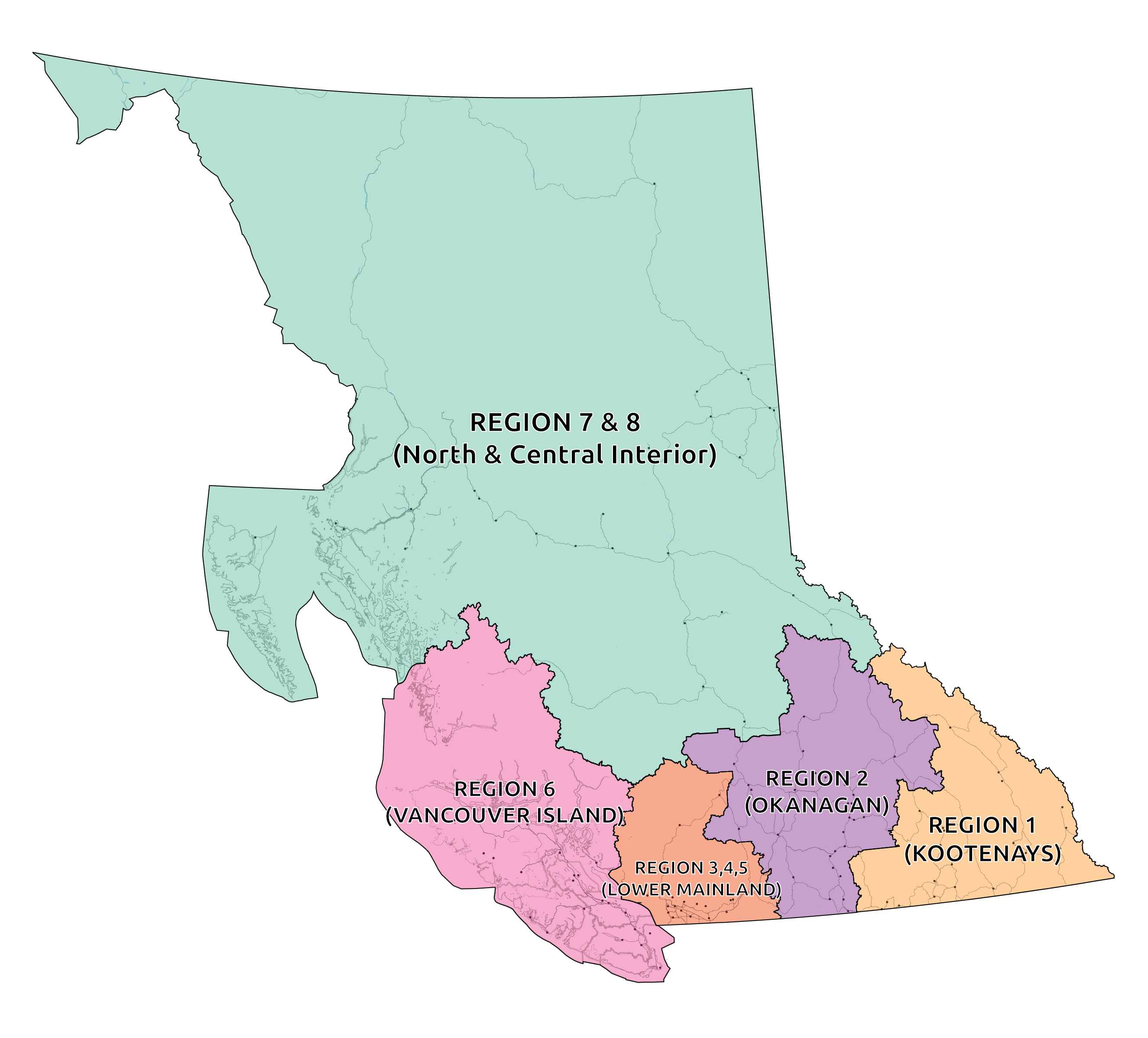 Map of British Columbia categorized by Special Olympics BC's 8 Regions