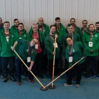 Special Olympics Team New Brunswick floor hockey team poses for group photo.