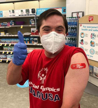 Photo of Special Olympics athlete, Abe, after flu shot.
