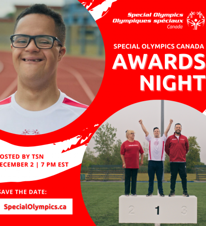 Special Olympics Canada Awards Night - Red poster with an athlete on the top left corner, and athletes on a podium at the bottom right corner.