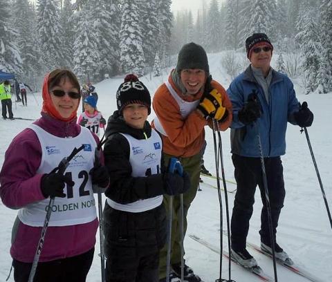 SOBC Golden cross country skiers smiling on the snowy ski course