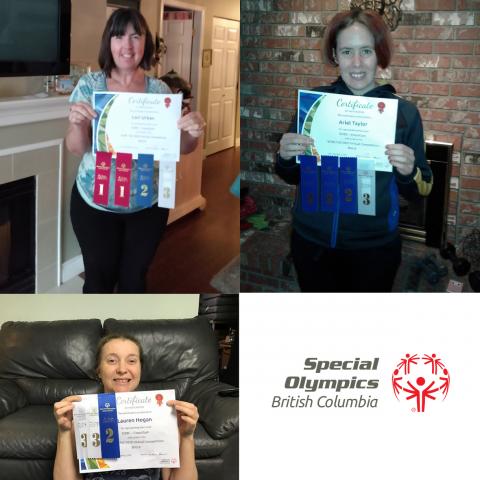 SOBC – Coquitlam athletes Lauren Hogan, Ariel Taylor, and Lori Urban proudly display their results from the competition.