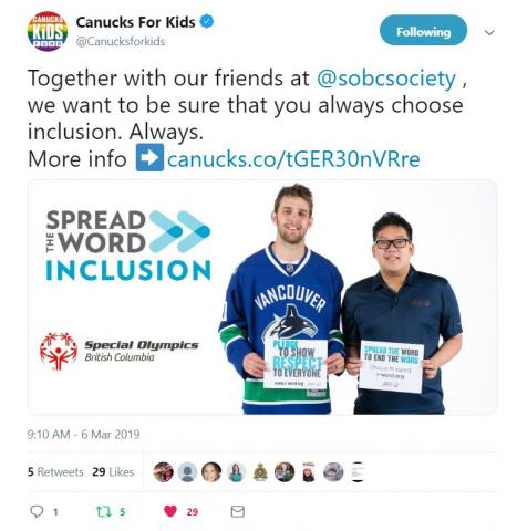 Canucks for Kids Fund supporting Spread the Word Inclusion