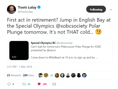 Travis Lulay Polar Plunge tweet